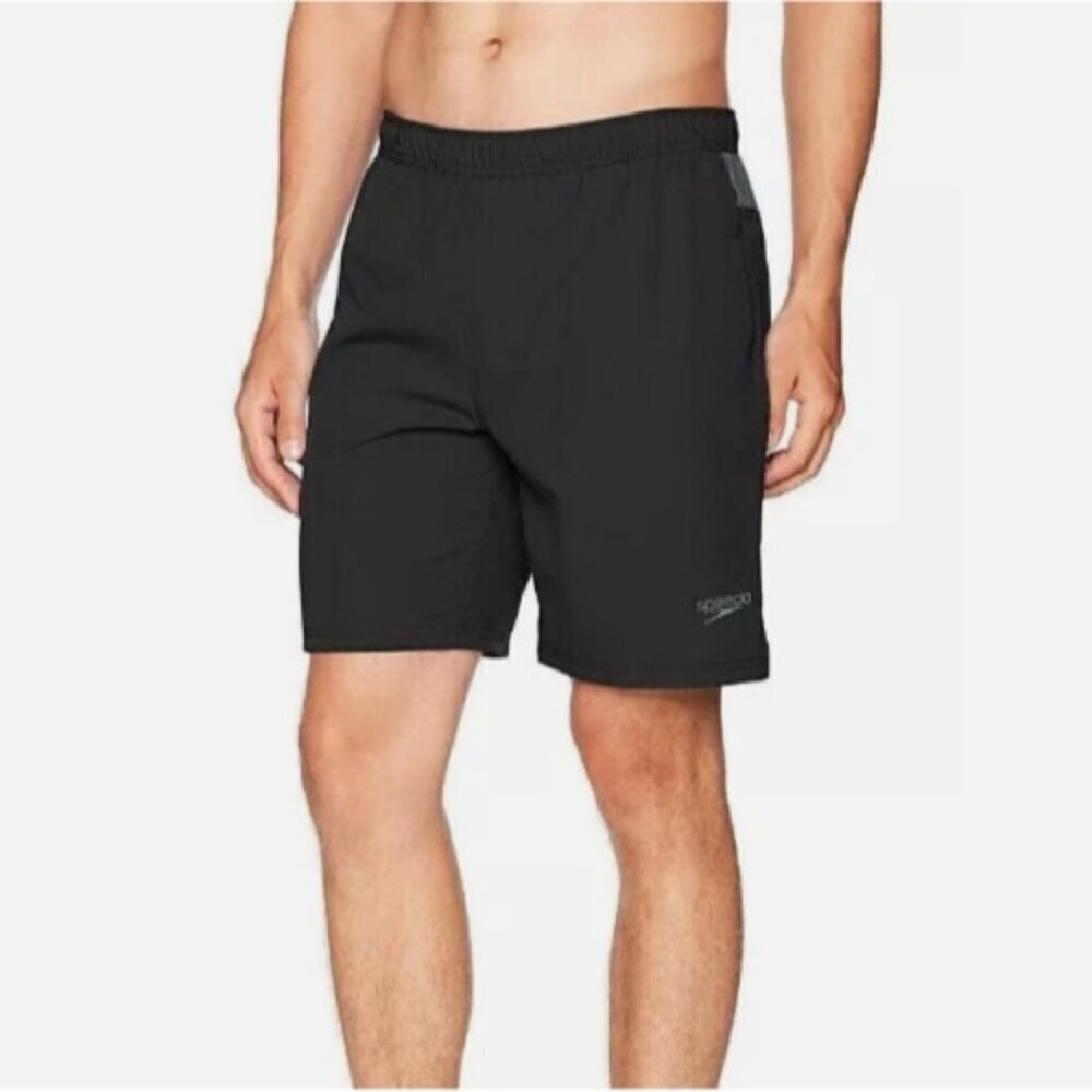 NWOT Speedo Mens XXL Black Swim Shorts With Back Pocket & Liner Polyester